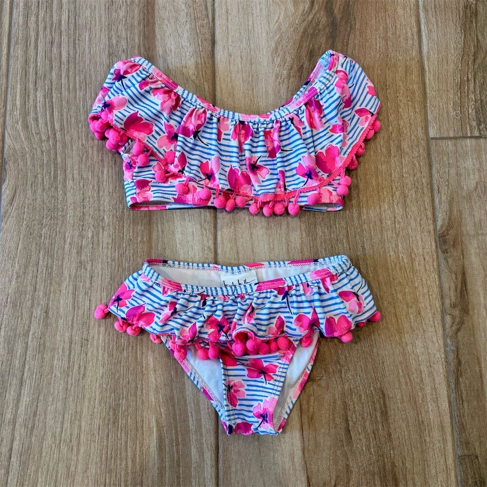 Nicole Miller New York Girls 2-Piece Bikini Swimsuit Floral Stripe Size 4